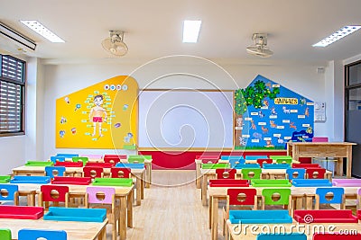 Desks, chairs and white board in the kindergarten classroom. And there are beautifully decorated knowledge boards Editorial Stock Photo