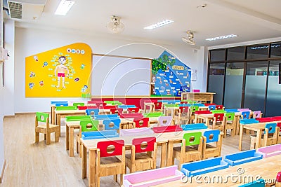 Desks, chairs and white board in the kindergarten classroom. And there are beautifully decorated knowledge boards Editorial Stock Photo