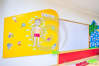 Desks, chairs and white board in the kindergarten classroom. And there are beautifully decorated knowledge boards Editorial Stock Photo