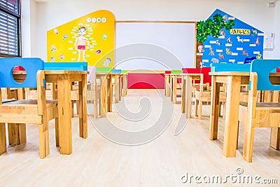 Desks, chairs and white board in the kindergarten classroom. And there are beautifully decorated knowledge boards Editorial Stock Photo