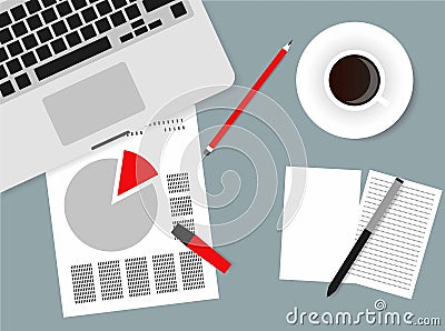 Desks laptop screen illustration of business people Top View angle above the office Vector Illustration