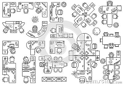 Desks working table, system of office equipment. Floor plan of office or cabinet in top view. Vector Vector Illustration