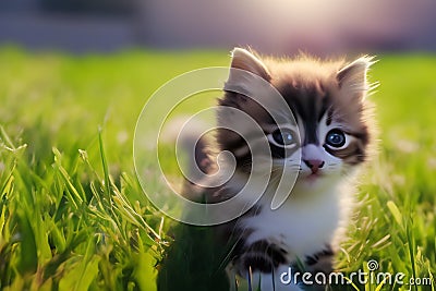 Cute kitten near flowers, vintage postcard with a picture of a kitten Stock Photo