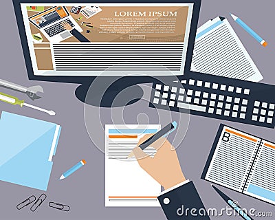 Desktop business man in the office with place for your text. Flat background. Vector Vector Illustration