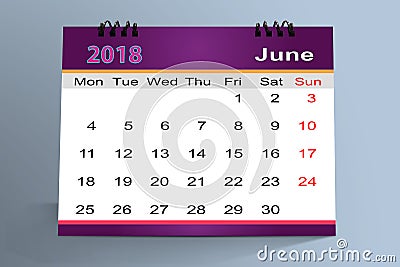 Desktop Calendar Design, June 2018 Stock Photo