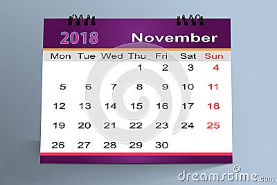 Desktop Calendar Design, November 2018 Stock Photo