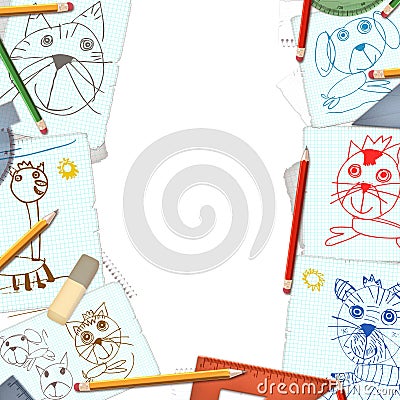 Desktop with child drawings background Cartoon Illustration