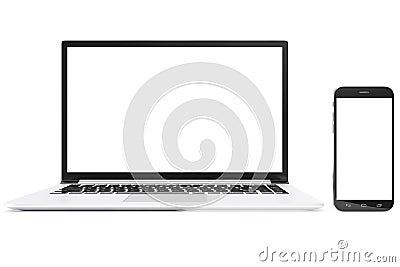 Desktop computer blank mock up. Glossy laptop computer mock up. Modern computer mock up. Perfectly detailed smartphone Stock Photo