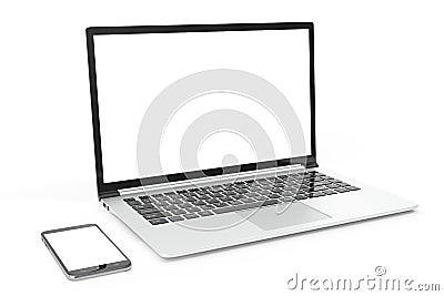 Desktop computer blank mock up. Glossy laptop computer mock up. Modern computer mock up. Perfectly detailed smartphone Stock Photo