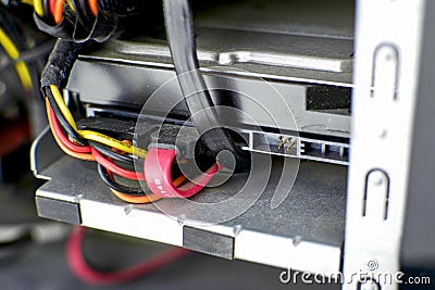 Desktop computer covered in dust. The dusty disk of the PC. Concept of a computer service. Cleaning the computers system unit Stock Photo