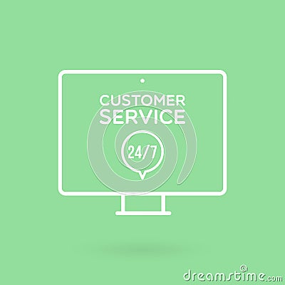 Desktop computer customer service 24/7 illustration. Concept of 24/7, open 24 hours, support, assistance, contact, customer Vector Illustration