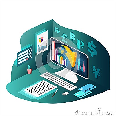 Desktop computer, drop graph on screen, checklist. Isometric style vector illustration. Transparent Cartoon Illustration