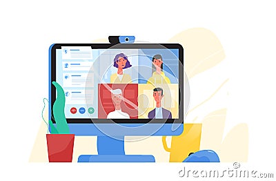 Desktop computer with group of colleagues taking part in video conference. Software for videoconferencing and online Vector Illustration