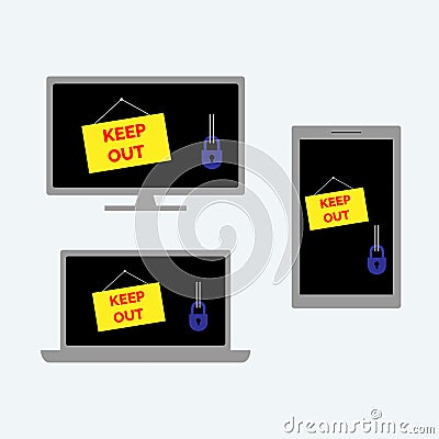 Desktop computer, laptop and tablet with locks and signs saying keep out on their screens. Vector Vector Illustration