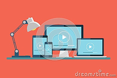 Desktop computer, laptop, tablet and smartphone with play button on the screen. Play icon. Video player. Media player. Vector Illustration