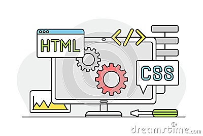 Desktop Computer Monitor with Coding as Programmed Machine for Operation Vector Illustration Vector Illustration