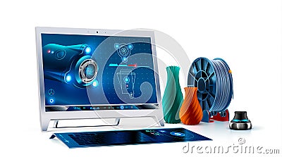 Desktop computer monitor with keyboard and 3d navigator. 3d cad software on screen monoblock. 3d modeling for print on 3d printing Vector Illustration