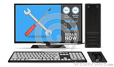 Desktop computer with repair application Vector Illustration