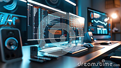 a desktop computer setup with dual monitors, a keyboard, Stock Photo