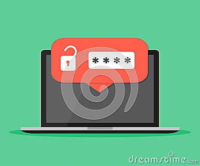 Desktop computer with unlocked password bubble notification, flat cartoon design or pc screen with open lock and password field Stock Photo