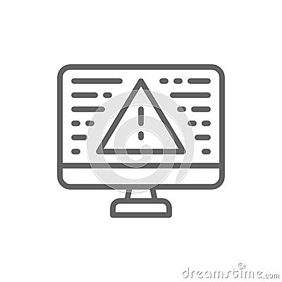 Desktop computer with warning sign, screen error, notification, laptop and exclamation mark line icon. Vector Illustration