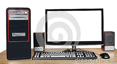 Desktop computer with widescreen display on table Stock Photo