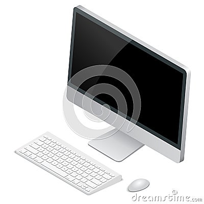 Desktop computer with wireless keyboard and mouse. Flat 3d Vector isometric illustration. Vector Illustration