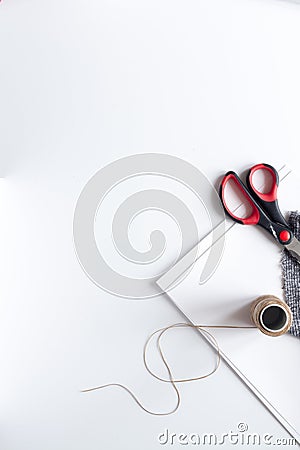 Desktop designer clothes with tools top view mock up Stock Photo