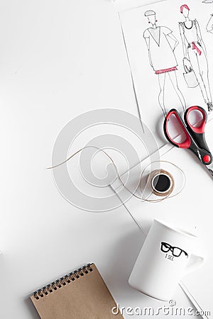 Desktop designer clothes with tools top view mock up Stock Photo