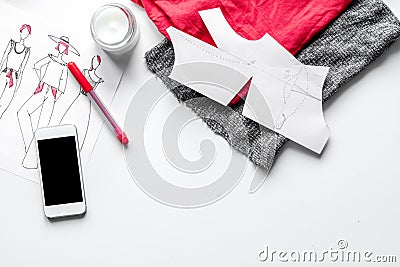 Desktop designer clothes with tools top view mock up Stock Photo