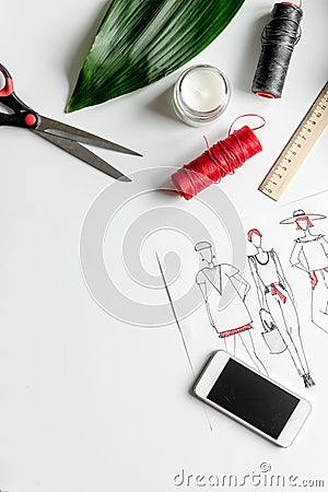 Desktop designer clothes with tools top view mock up Stock Photo