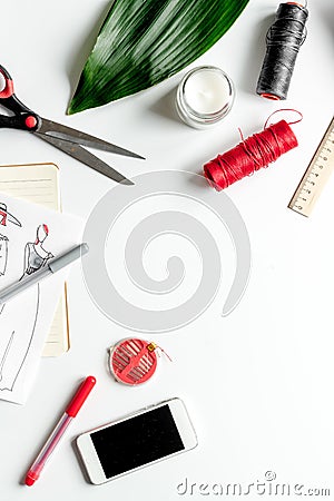 Desktop designer clothes with tools top view mock up Stock Photo