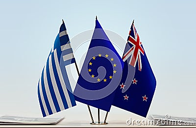 Flags of Greece EU and New Zealand Stock Photo