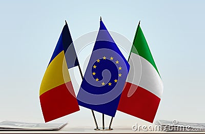 Flags of Romania European Union and Italy Stock Photo