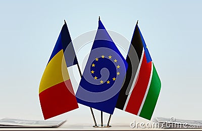 Flags of Romania EU and South Sudan Stock Photo