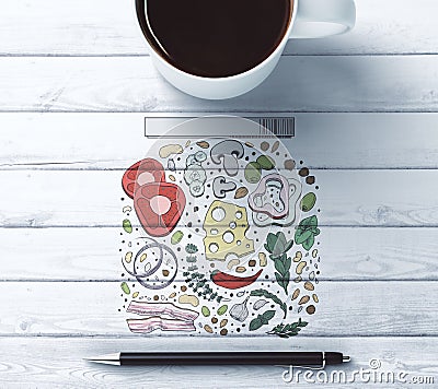 Desktop with food drawing Stock Photo