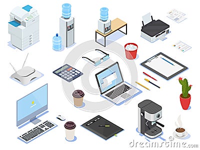 Desktop, Laptop, computer, copier printer, coffee maker water cooler. Vector Illustration