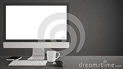Desktop mockup, template, computer on dark work desk with blank screen, keyboard mouse and notepad with pens and pencils, gray bac Stock Photo