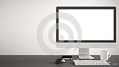 Desktop mockup, template, computer on gray work desk with blank screen, keyboard mouse and notepad with pens and pencils, white ba Stock Photo