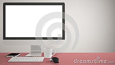 Desktop mockup, template, computer on red pantone colored work desk with blank screen, keyboard mouse and notepad with pens and pe Editorial Stock Photo