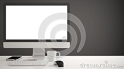 Desktop mockup, template, computer on work desk with blank screen, keyboard mouse and notepad with pens and pencils, gray Editorial Stock Photo