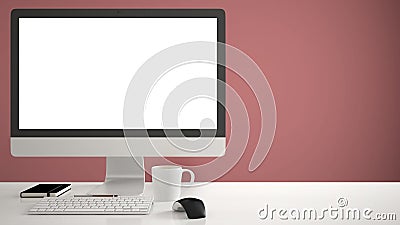 Desktop mockup, template, computer on work desk with blank screen, keyboard mouse and notepad with pens and pencils, red pantone c Stock Photo