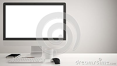 Desktop mockup, template, computer on work desk with blank screen, keyboard mouse and notepad with pens and pencils, white backgro Stock Photo