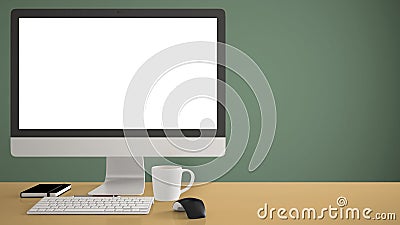 Desktop mockup, template, computer on yellow work desk with blank screen, keyboard mouse and notepad with pens and pencils, green Stock Photo
