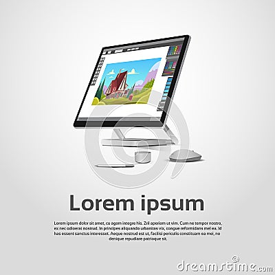 Desktop Modern Computer Graphic Designer Workplace Vector Illustration