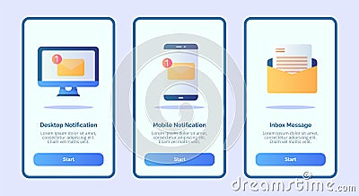 Desktop notification mobile notification inbox message for mobile apps template banner page UI with three variations Vector Illustration