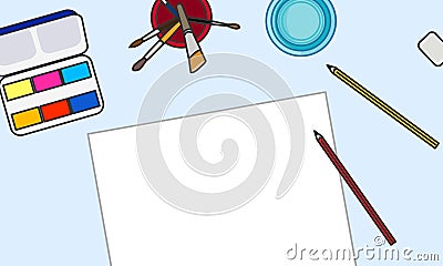 Desktop with paints, brushes in glass, watercolor, pencils Vector Illustration