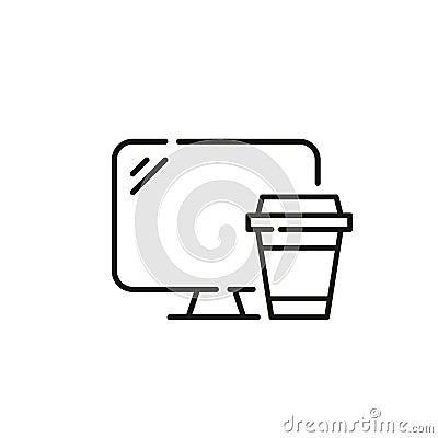 Desktop PC monitor and disposable paper cup with coffee. Pixel perfect, editable stroke icon Vector Illustration