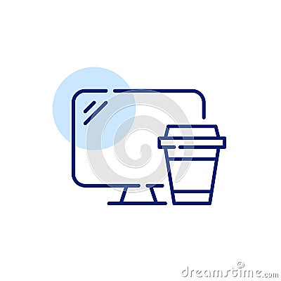 Desktop PC monitor and disposable paper cup with coffee. Pixel perfect, editable stroke line icon Vector Illustration