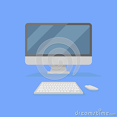 Desktop personal computer with monitor, keyboard and mouse isolated on blue background. Front view. Flat style icon. Vector Illustration